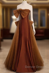 Brown Tulle And Satin Mermaid Long Party Dresses, Long Formal Dresses Prom Dresses
