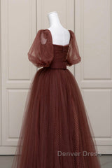 Brown Tulle Floor Length Prom Dresses, A-Line Short Sleeve Evening Party Dresses