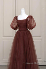 Brown Tulle Floor Length Prom Dresses, A-Line Short Sleeve Evening Party Dresses