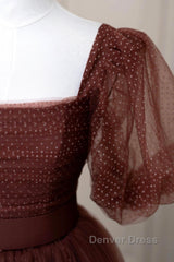 Brown Tulle Floor Length Prom Dresses, A-Line Short Sleeve Evening Party Dresses