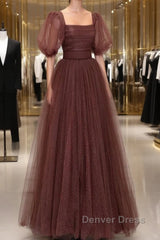 Brown Tulle Floor Length Prom Dresses, A-Line Short Sleeve Evening Party Dresses