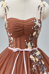 Brown Tulle Lace Long Prom Dress, Beautiful A-Line Spaghetti Strap Evening Party Dress