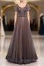 Brown Tulle V Neck Short Sleeve Beading Sequins Prom Dresses