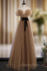 Brown Wave Point Tulle Off the Shoulder Prom Dresses