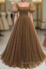 Brown Wave Point Tulle Puff Sleeve Prom Dresses