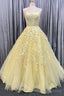 Princess Yellow Appliques A Line Long Prom Dresses