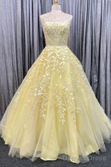 Princess Yellow Appliques A-line Long Formal Dress