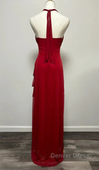 Burgundy A-Line Halter V Neck Chiffon Backless Prom Dresses,Bridesmaid Dresses With Ankle Length