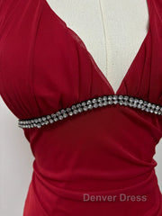 Burgundy A-Line Halter V Neck Chiffon Backless Prom Dresses,Bridesmaid Dresses With Ankle Length