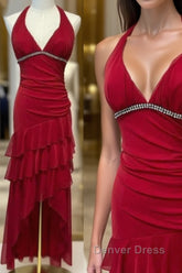 Burgundy A-Line Halter V Neck Chiffon Backless Prom Dresses,Bridesmaid Dresses With Ankle Length