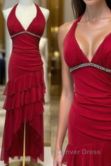 Burgundy A-Line Halter V Neck Chiffon Backless Prom Dresses,Bridesmaid Dresses With Ankle Length