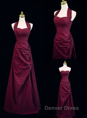 Burgundy A-Line Halter Vintage Style Prom Dresses, Burgundy Long Evening Dresses