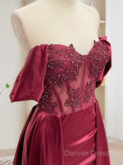 Burgundy A-Line Off Shoulder Satin Lace Long Prom Dresses, Burgundy Long Formal Dresses