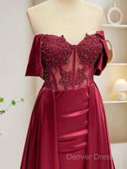 Burgundy A-Line Off Shoulder Satin Lace Long Prom Dresses, Burgundy Long Formal Dresses