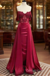 Burgundy A-Line Off Shoulder Satin Lace Long Prom Dresses, Burgundy Long Formal Dresses