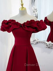 Burgundy A-Line Off Shoulder Satin Short Prom Dresses, Burgundy Homecoming Dresses