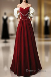 Burgundy A-Line Off Shoulder Velvet Lace Long Prom Dresses, Burgundy Long Formal Dresses