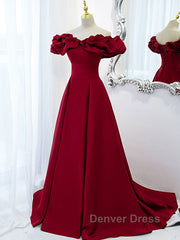 Burgundy A-Line Satin Long Prom Dresses, Burgundy Formal Evening Dresses