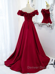 Burgundy A-Line Satin Long Prom Dresses, Burgundy Formal Evening Dresses