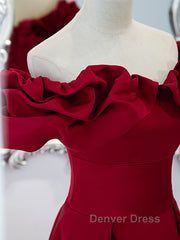 Burgundy A-Line Satin Long Prom Dresses, Burgundy Formal Evening Dresses
