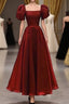 Burgundy A Line Satin Vintage Women Dress Long Prom Dresses