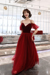 Burgundy A-Line Spaghetti Straps Long Prom Dress, Simple V-Neck Evening Dress