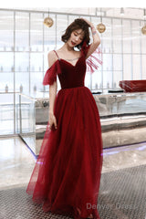 Burgundy A-Line Spaghetti Straps Long Prom Dress, Simple V-Neck Evening Dress