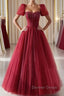Burgundy A Line tulle beads long prom Dress burgundy Prom Dresses
