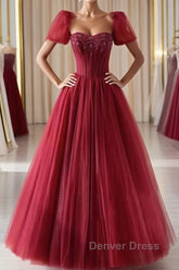 Burgundy A line tulle beads long prom Dresses burgundy formal Dresses