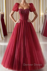 Burgundy A line tulle beads long prom Dresses burgundy formal Dresses