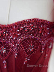 Burgundy A line tulle beads long prom Dresses burgundy formal Dresses