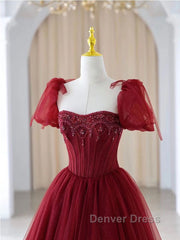 Burgundy A line tulle beads long prom Dresses burgundy formal Dresses