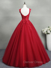 Burgundy A-Line Tulle Lace Long Prom Dresses, Burgundy Formal Evening Dresses