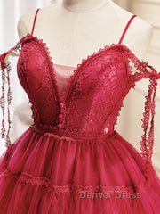 Burgundy A-Line Tulle Lace Short Prom Dresses, Burgundy Homecoming Dresses