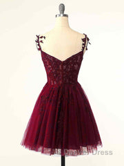 Burgundy A-Line Tulle Lace Short Prom Dresses, Cute Burgundy Homecoming Dresses