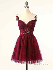Burgundy A-Line Tulle Lace Short Prom Dresses, Cute Burgundy Homecoming Dresses