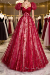 Burgundy A line tulle long prom Dresses burgundy evening Dresses
