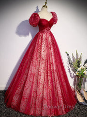 Burgundy A line tulle long prom Dresses burgundy evening Dresses