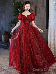 Burgundy A Line Tulle Long Prom Dress Burgundy Formal Dress
