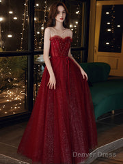 Burgundy A Line Tulle Sequin Long Prom Dress, Burgundy Evening Dress