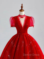 Burgundy A-Line Tulle Sequin Long Prom Dresses, Burgundy Formal Dresses