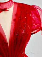 Burgundy A-Line Tulle Sequin Long Prom Dresses, Burgundy Formal Dresses