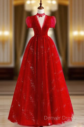 Burgundy A-Line Tulle Sequin Long Prom Dresses, Burgundy Formal Dresses