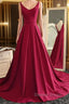 Burgundy A Line V Neck Sweep Train Open Back Satin Long Prom Dress, V Neck Burgundy Prom Dress, Backless Prom Dresses