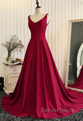 Burgundy A Line V Neck Sweep Train Open Back Satin Long Prom Dresses, V Neck Burgundy Formal Dresses, Backless Evening Dresses