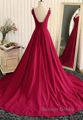 Burgundy A Line V Neck Sweep Train Open Back Satin Long Prom Dresses, V Neck Burgundy Formal Dresses, Backless Evening Dresses