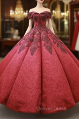 Burgundy Ball Gown Lace Off the Shoulder Appliques Beading Prom Dresses