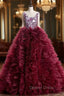 Burgundy Ball Gowns Ruffles Beading Crystal Wedding Dresses