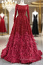 Burgundy Ball Gowns Sequins Long Sleeve Feather Prom Dresses