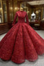 Burgundy Ball Gowns Sequins Long Sleeve High Neck Prom Dresses